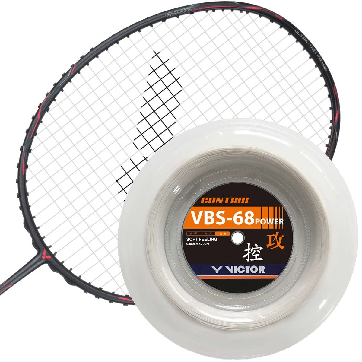 A badminton racket with a black frame is placed beside a reel of Victor VBS 68P Power badminton strings, which boasts a multifilament nylon core. The strings are designed to offer control and a soft feel, making them perfect for offensive players aiming to optimize their racket performance.