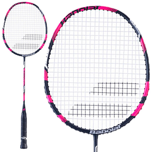 The Babolat First I Badminton Racket in pink features a lightweight design with a detailed view of the stringed head and full handle. Its head light balance enhances control and maneuverability, making it an ideal option for beginners.