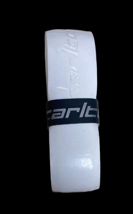 A Carlton PU Pro Badminton Grip in white, featuring the brand name 'Carlton' in silver lettering on a black background with a black band, ideal for providing a durable grip.