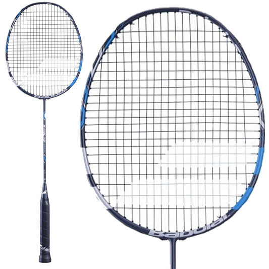 The Babolat Satelite Essential Badminton Racket in Blue showcases a black handle with blue accents and incorporates METRICFLEX technology for enhanced power. With its circular stringed head depicted from two angles, this racket is ideal for attacking players who desire precision and strength in every hit.