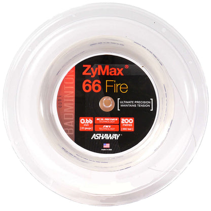 The Ashaway Zymax 66 Fire Badminton String is a white spool designed with a striking red and black circular pattern. Known for its exceptional durability and tension stability, this string provides optimal precision. It comes in a length of 200 meters with a gauge of 0.66 mm.