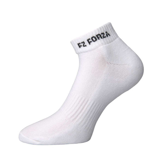 Displayed on an invisible model foot, the FZ Forza Comfort Short White Badminton Socks feature a soft, comfortable design with ribbed detailing around the arch. The white ankle socks prominently display the black "FZ FORZA" text on the cuff and are angled to show both the side and bottom views.