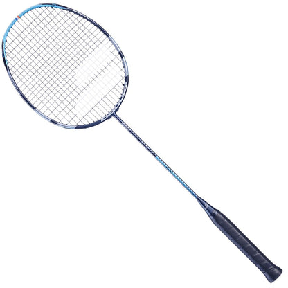 The Babolat Satelite Power Badminton Racket in blue, crafted by Babolat, combines a grid-like string pattern for excellent control, power, and speed with a textured grip handle for superior manoeuvrability. All of this is showcased against a simple white background.