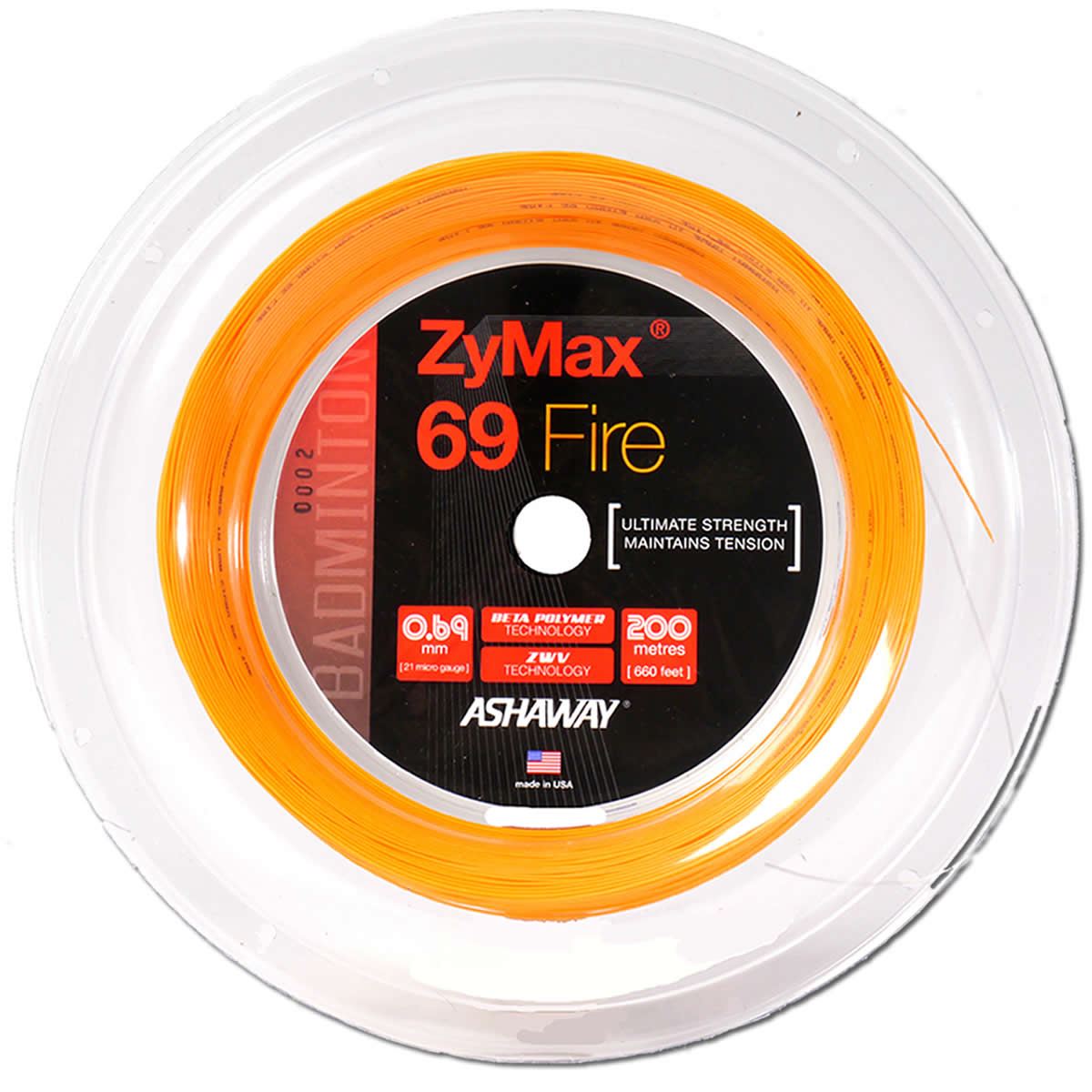 The Ashaway Zymax 69 Fire Badminton String in orange comes in a 200-meter reel with a thickness of 0.69 mm, offering impressive durability and consistent string life due to its renowned ability to withstand extreme tensions and provide ultimate strength.