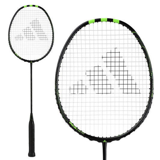 The Adidas Spieler E-Aktiv 1 4U SS Badminton Rackets, designed with a sleek black frame accented by green highlights, are featured against a white background. The string patterns showcase the brand's logo, making these rackets perfect for both young players new to badminton and those with experience looking to enhance their skills on the court.