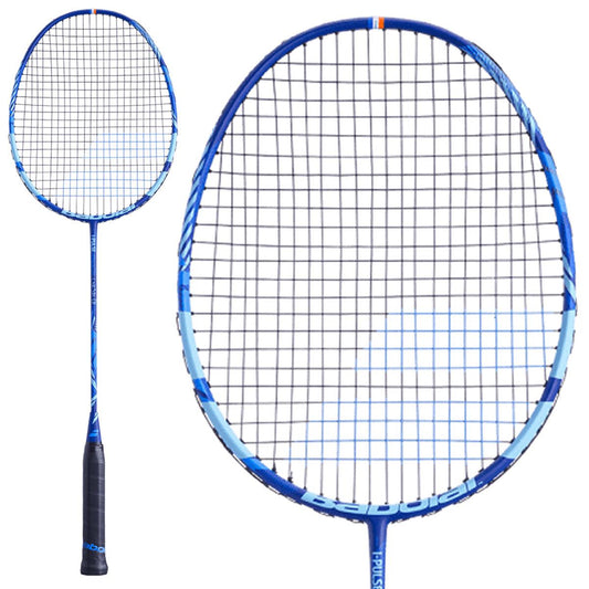 Introducing the Babolat I-Pulse Essential Badminton Racket - Blue, crafted for intermediate players seeking enhanced arm speed. This graphite racket features a striking design with light blue accents on its frame, a black handle, and a white grid string pattern. The product is showcased in two views: one full-length and another close-up of the head.