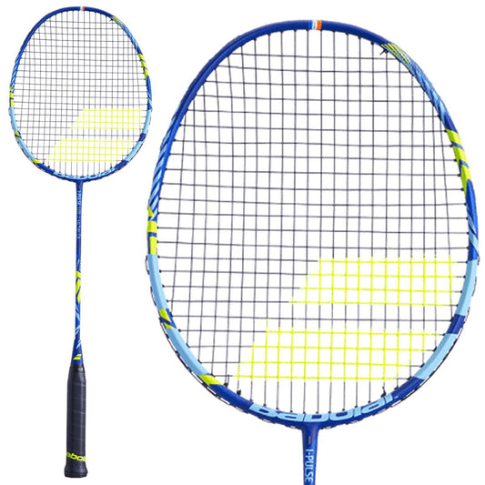 A Babolat I-Pulse Lite badminton racket in blue and yellow, featuring a black grip. The full-length view of the racket is displayed on the left side, with a close-up of the strung head on the right. Perfect for developing players aiming to improve their game.