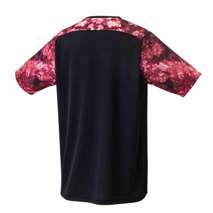 The Yonex 16572 Men's T-Shirt in black showcases a sleek back panel and striking red marbled sleeves, crafted with quick-dry material for enhanced sweat-absorbing comfort.