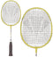 Two Carlton Mini-Blade ISO 4.3 Junior badminton rackets in a yellow and white color scheme with black handles are shown. One racket is displayed vertically, while the other has its face forward. Both feature white string netting.