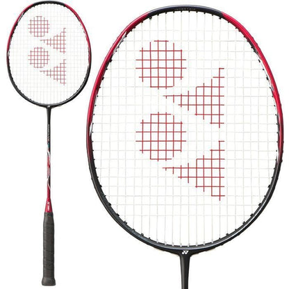 A close-up view of the Yonex Nanoflare 700 5U Badminton Racket - Red reveals its eye-catching red and black frame. The strings display a central red geometric pattern, and the handle is equipped with black grip tape, making it ideal for delivering swift speed attacks on the court.