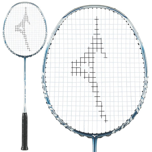 A detailed view of the Mizuno Caliber S Lite Badminton Racket highlights its black handle and white strings, which create an abstract logo design. The silver and blue frame features advanced Hot Melt Tech, ensuring enhanced performance.