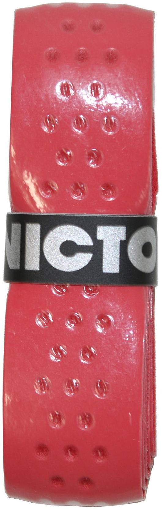 The Victor Soft Grip Replacement Badminton Grip - Red (single) from Victor features a red, self-adhesive perforated design that provides an enhanced feel. It is rolled up and secured with a black band featuring silver text.