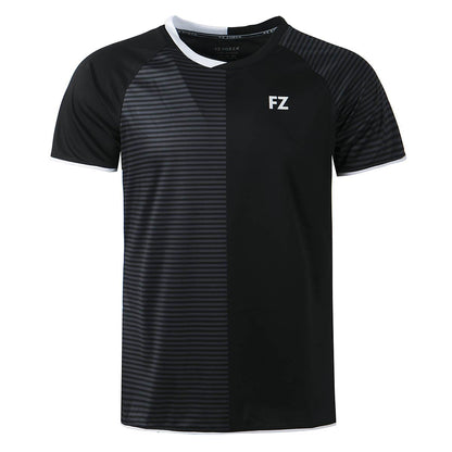 Introducing the FZ Forza Sarzan Men's Badminton T-Shirt in black—a Danish-inspired athletic tee that combines a half-striped, half-solid design for a striking look. The left side features stripes, accented with white trim on the collar and sleeves. Designed with quick-drying fabric, this shirt is ideal for high-intensity activities. The FZ initials are prominently displayed on the chest.