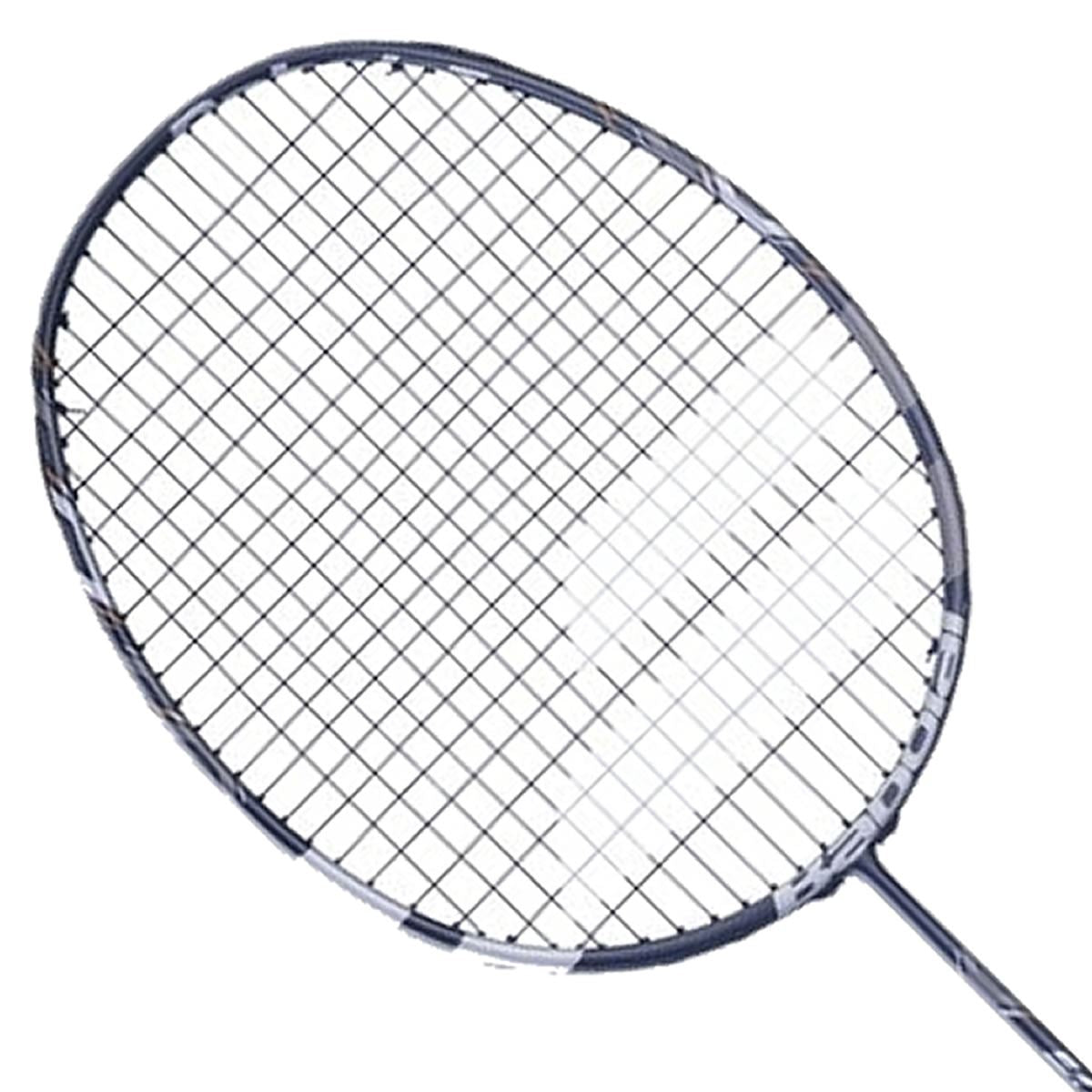 A grey Babolat Satelite Power Badminton Racket with a black frame and strings, designed for offensive players seeking enhanced performance, shown from the top view.