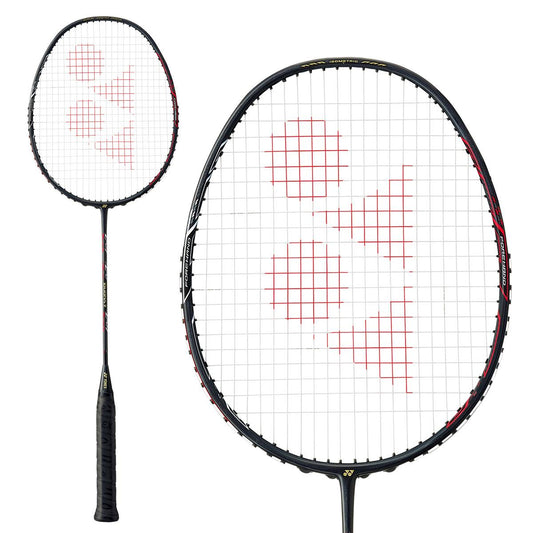 Close-up of a Yonex Duora 7 badminton racket in Dark Gun Grey, featuring the striking red logo markings on its strings. Perfect for intermediate and advanced club players, it boasts a DUAL OPTIMUM SYSTEM for enhanced versatility. The black handle grip enhances the dual orientation design of the head.