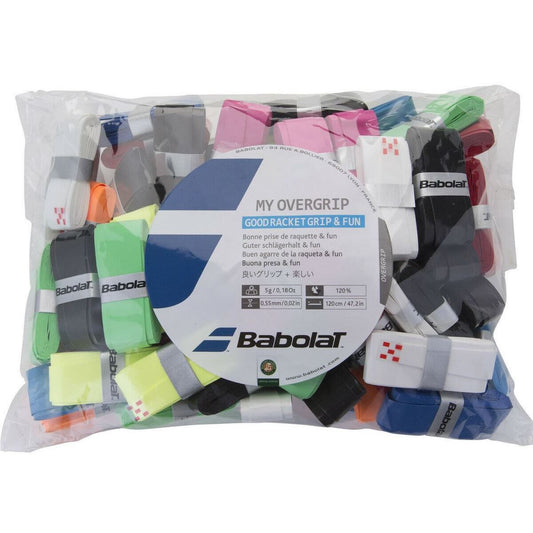 The Babolat My Grip Overgrips Refill Pack includes 70 overgrips in assorted colors such as pink, green, blue, and black. The transparent packaging highlights the tacky grips with a central label featuring "MY OVERGRIP" and additional branding details.