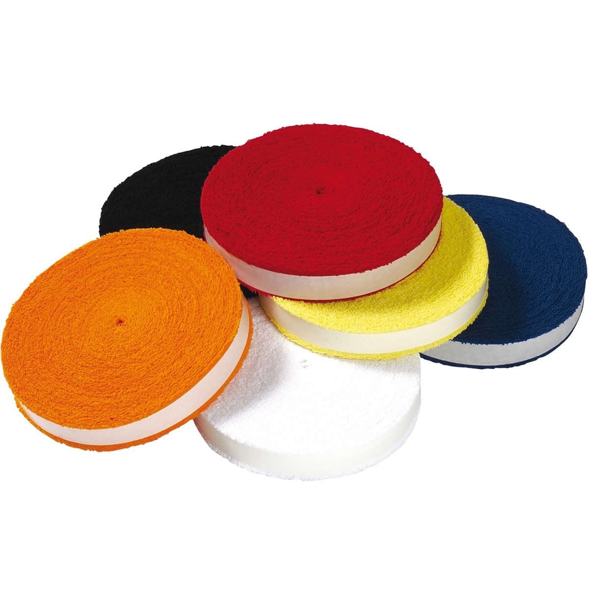 Six reels of colorful Victor Towel Badminton Racket Grip tape, ideal for projects necessitating a strong hold or for enhancing badminton racket grips, are neatly stacked and fanned out. Displaying their vibrant colors—black, red, yellow, blue, orange, and white—the reels proudly showcase their thickness and central holes with flair.