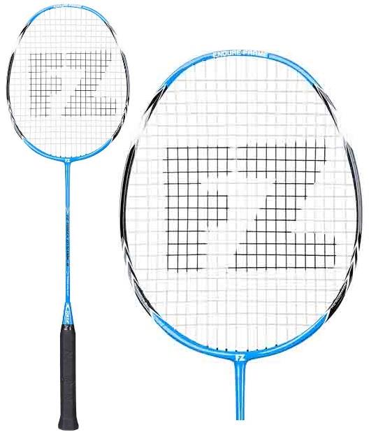 The FZ Forza Dynamic 8 Badminton Racket in blue features the "FZ" logo on its strings, an aluminum head for durability, and a Dynamic 8 shaft known for excellent grip and branding. Designed specifically for beginners, this racket offers a comfortable handle ideal for newcomers to badminton.