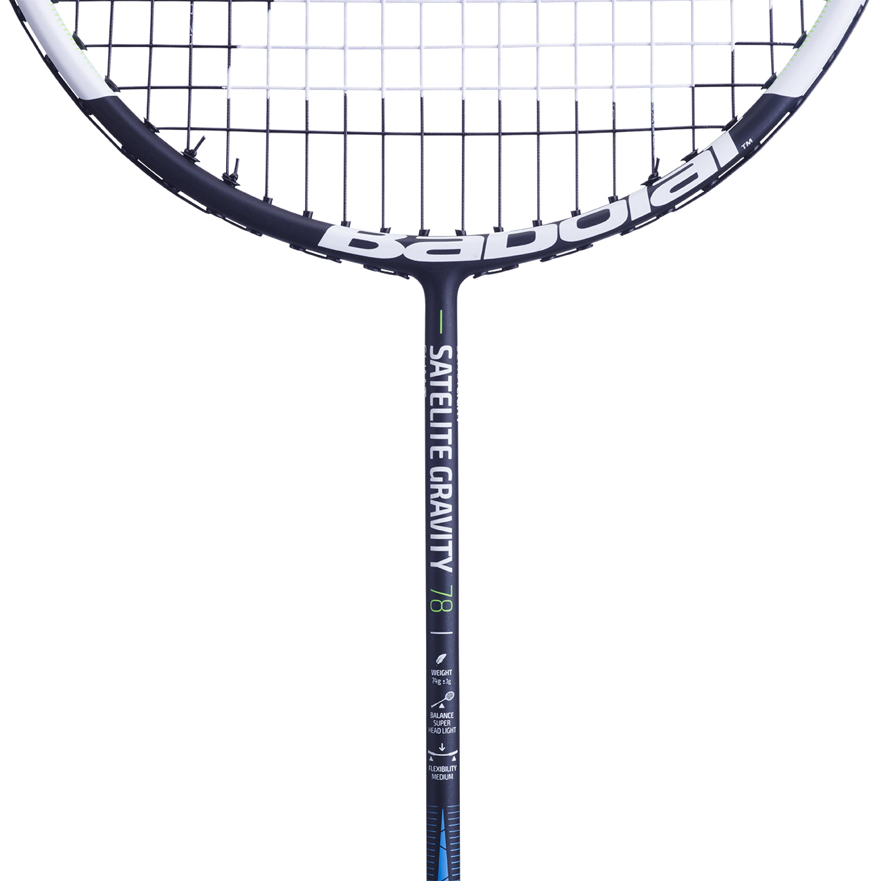 A close-up of a black and white Babolat Satelite Gravity 78 Badminton Racket showcases the specialist strings and prominent branding, including the model name. The handle is enhanced with Babolat's SLIM T technology and features green and blue design accents against a plain white background.