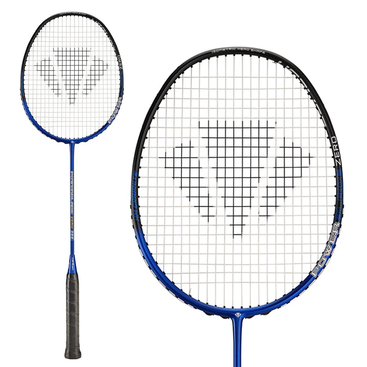 The image features the Carlton Powerblade Zero 300 Badminton Racket in blue, crafted from Hot Melt Japanese Graphite, with white strings arranged in a geometric pattern. It offers two perspectives: one showcasing the entire racket and another providing a close-up view of its isometric head shape.