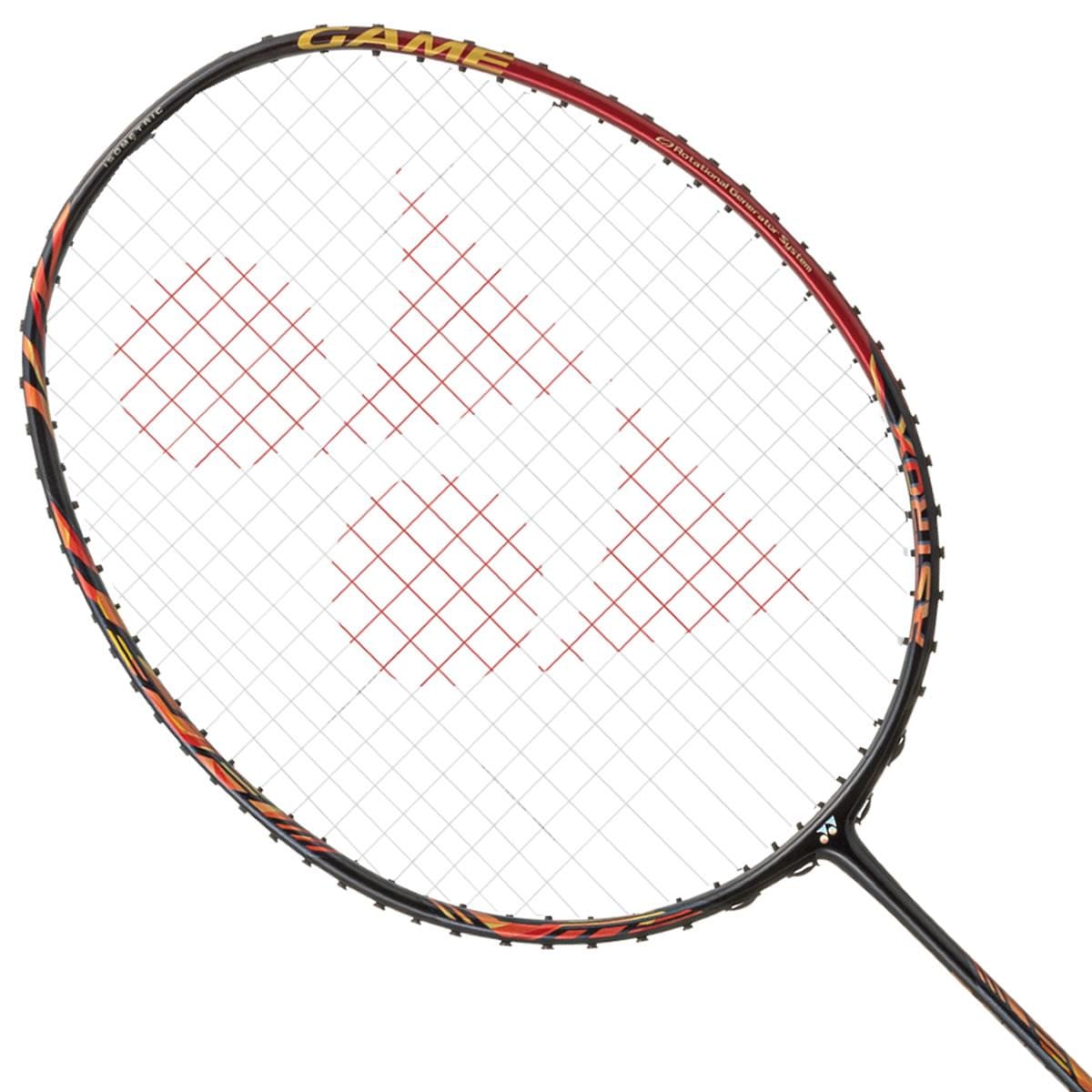 The Yonex Astrox 99 Game Badminton Racket - Red Black features a striking design in black and red with the brand's logo of red triangles displayed on its strings. Its thin frame presents an elegant look accented by yellow and orange highlights, and it is equipped with the Rotational Generator System for exceptional performance.