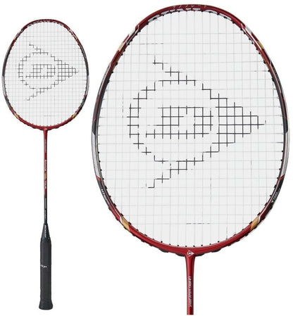 The Dunlop Nanoblade Savage Woven Special Tour Badminton Racket, perfect for intermediate players, showcases a bold red and black aesthetic with an elegant black grip. The strings are crafted into a pattern that resembles an elaborate logo or design, adding to both its style and performance.