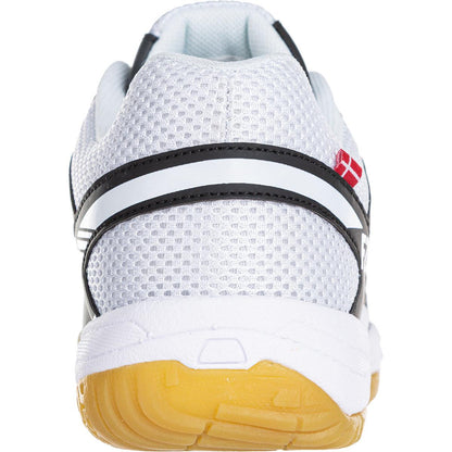 Close-up of the FZ Forza X-Pulse Men's Badminton Shoe heel, showcasing a white and gray Drylex mesh upper complemented by black and white striped details. The tan rubber sole provides excellent grip, while the minimalistic red and white logo highlights the FZ Forza design.