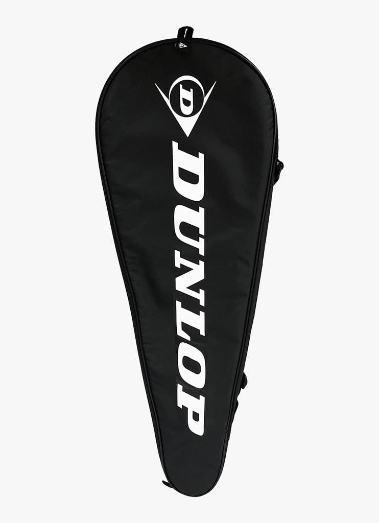 A black Dunlop racket bag featuring a striking white logo on its front. The teardrop-shaped design is crafted to securely hold and protect your tennis or badminton equipment, including the renowned Aero Star Lite badminton rackets.