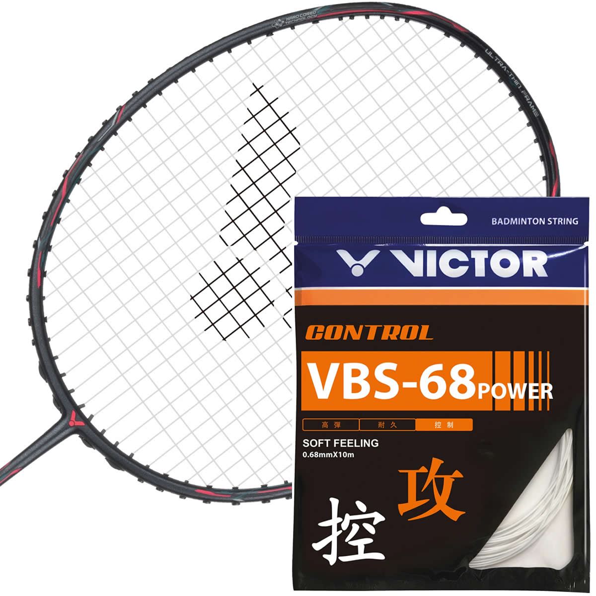 A badminton racket sits next to a Victor VBS 68P Power badminton string set, tailored for offensive players. The orange and black packaging with white text accentuates its high-strength multifilament nylon and Vectran fiber construction, featuring a soft feel indicator, with specifications provided in both English and Chinese.