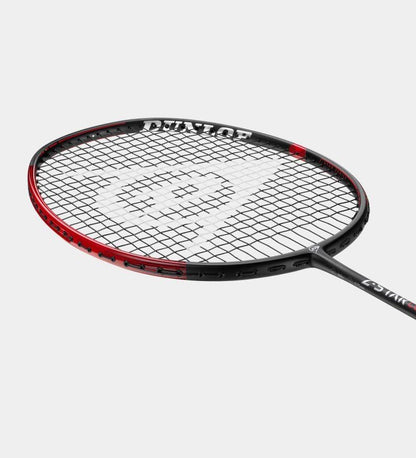 The Dunlop Z-Star Control 78 Badminton Racket is crafted for advanced players, featuring a black and red frame with Sonic Core Infinergy technology. It displays a white grid pattern and branding on the strings, set against a plain white background, for improved repulsion power and enhanced performance.