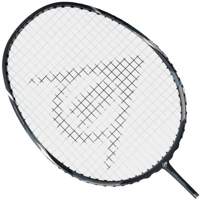 The Dunlop Graviton XF SE Max Badminton Racket, by Dunlop, features an aerodynamic frame with a bold black finish and white stringing. Its geometric center design stands out dramatically against the sleek, dark frame. Depicted on a white background, this racket is designed for optimum string tension.