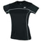 The Yonex YTL1 Black Team Ladies/Womens Badminton T-Shirt, crafted by Yonex, showcases contrasting white stitching along the seams and curved lines on the front. It features anti-static technology and a small white logo on the upper left chest.