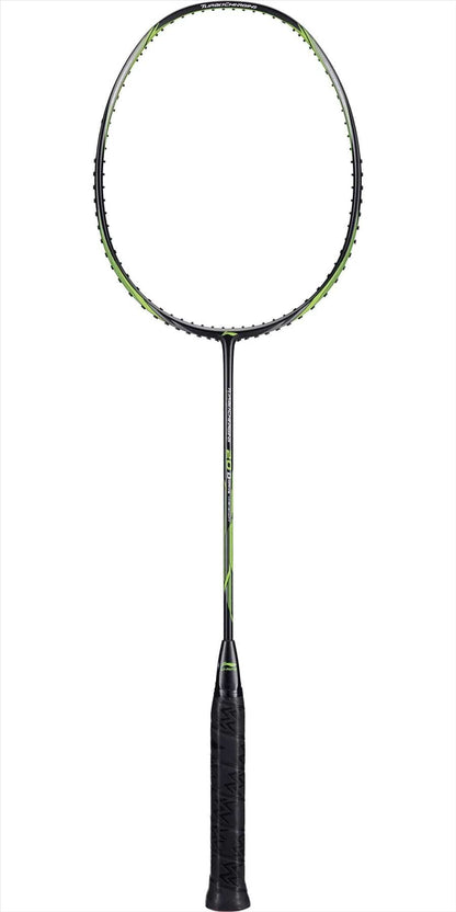 The Li-Ning Turbo Charging 20 Drive Badminton Racket in Black and Green showcases a stylish design, complete with a Dynamic-Optimum Frame to elevate performance. Its rounded frame and black grip tape provide precise handling. While the strings are concealed, the Turbo Charging 20 technology ensures formidable gameplay against any rival.