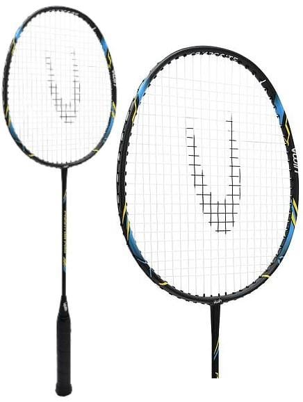 The Uwin Phantom Pro Badminton Racket - Black / Blue is a beginner-friendly racket from Uwin, showcasing a stylish black frame with white strings and enhanced by blue and yellow accents on the head and shaft. It includes a black grip tape on the handle for superior control.