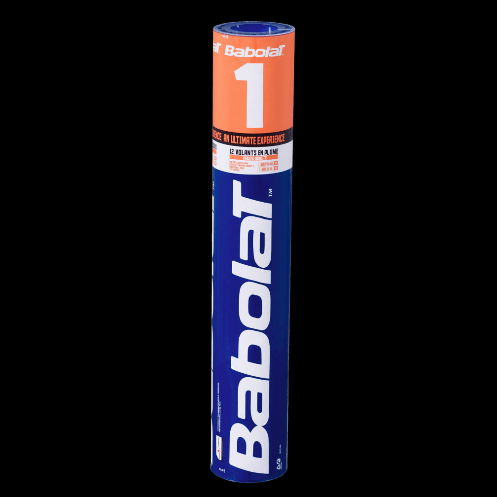 A cylindrical container of Babolat tennis balls against a black background. The tube is predominantly blue with white text and an orange top labeled "1," reminiscent of the craftsmanship seen in Babolat 1 Badminton Feather Shuttles, known for their high-quality materials.