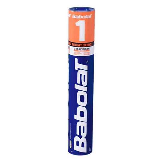 A cylindrical container of Babolat tennis balls against a black background. The tube is predominantly blue with white text and an orange top labeled "1," reminiscent of the craftsmanship seen in Babolat 1 Badminton Feather Shuttles, known for their high-quality materials.