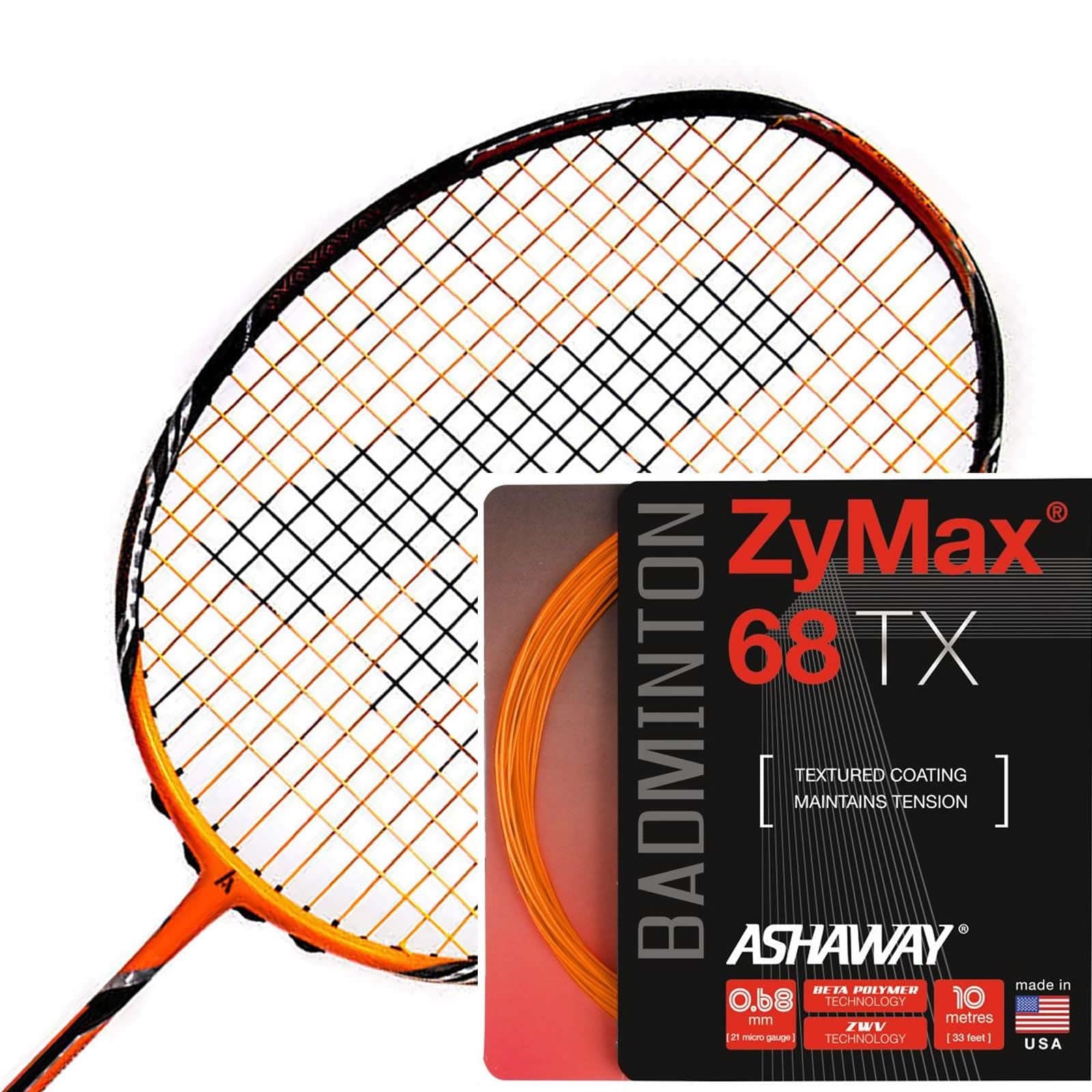 Close-up of a badminton racket showcasing an orange and black pattern on the strings, featuring ZyWeave string technology. Next to it is a 10-meter packet of Ashaway Zymax 68 TX badminton strings in orange, distinguished by its red and black packaging that highlights "textured coating maintains tension.