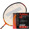 Close-up of a badminton racket showcasing an orange and black pattern on the strings, featuring ZyWeave string technology. Next to it is a 10-meter packet of Ashaway Zymax 68 TX badminton strings in orange, distinguished by its red and black packaging that highlights "textured coating maintains tension.