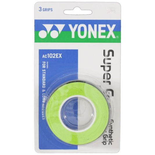 The Yonex AC102EX Super Grap Badminton Overgrip - 3 Pack in Green features packaging that highlights a roll of neon green grip tape. It emphasizes excellent sweat absorption and mentions that it contains three overgrips, suitable for both standard and long rackets. The vibrant color is accentuated against a white background.