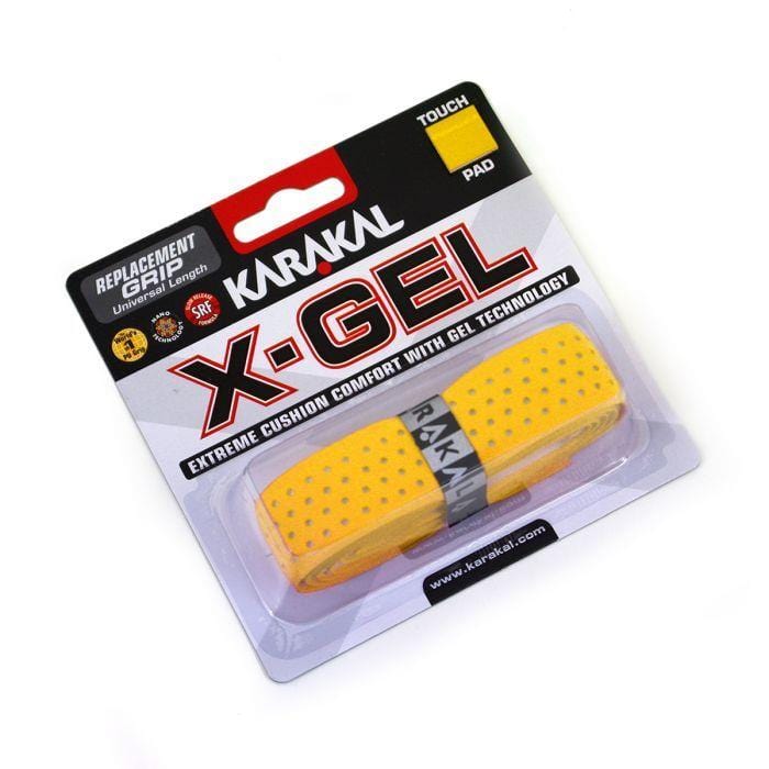 The packaging of the Karakal X-GEL Replacement Badminton Grip in yellow, designed for racquets, emphasizes its cushioned grip and proudly showcases "Extreme Cushion Comfort with Gel Technology," highlighting its exceptional touch and padding qualities.