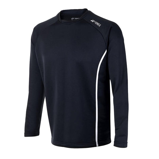 Introducing the Yonex YSS1000 Black Junior Sweatshirt, a sleek mid-layer garment featuring long sleeves and a classic round neck. This athletic piece is designed in black with a fashionable white curved stripe adorning one side and a subtle logo on the shoulder. Its smooth, lightweight fabric ensures comfort for both sports and casual occasions.