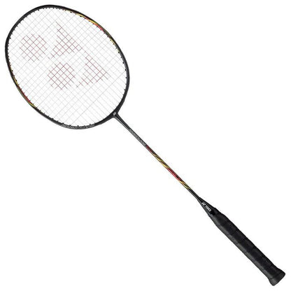 The Yonex Nanoflare 800 4U Badminton Racket - Black features a dark frame, a black grip, and a string pattern with a unique logo. Tailored for advanced players, the shaft reveals subtle accents of red and yellow. Its streamlined design is optimized for speed attacks on the court.