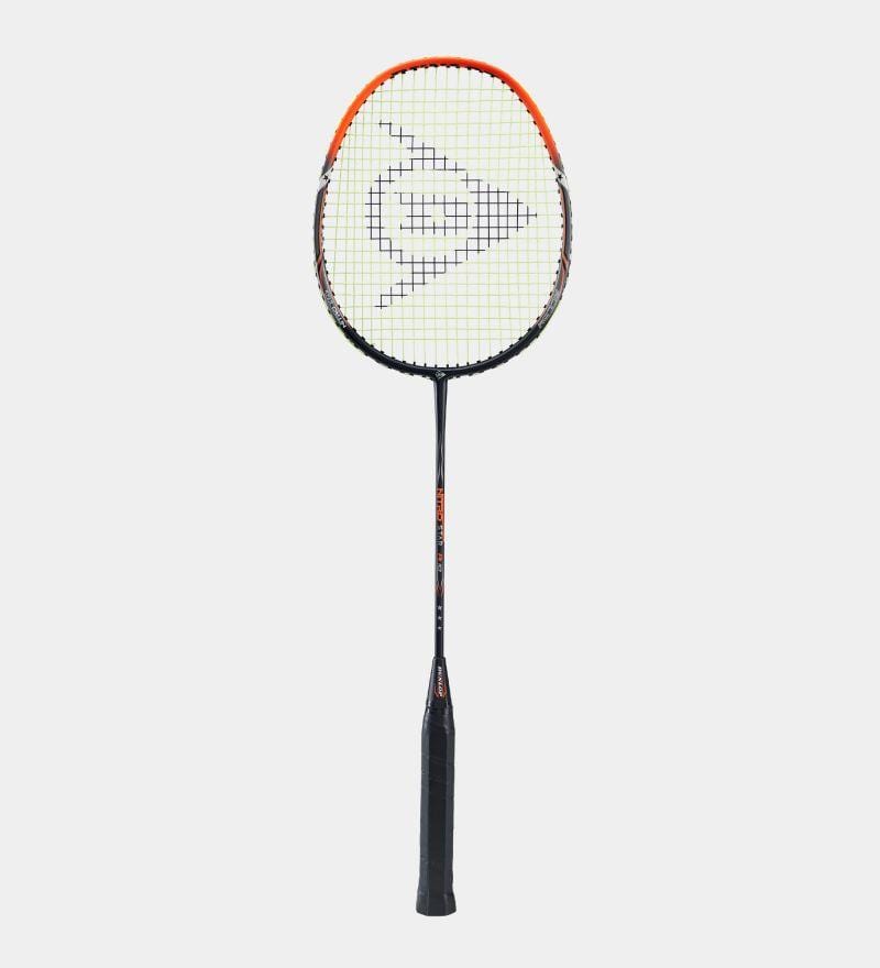 The Dunlop Nitro Star Ai 10 Badminton Racket by Dunlop is ideal for beginners, featuring a black handle and frame with a striking orange rim. It boasts a crisscross string pattern that showcases the logo against a simple, light backdrop. Constructed from durable aluminum and steel, it's designed for those new to the sport.