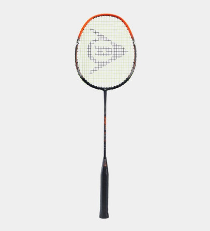 The Dunlop Nitro Star Ai 10 Badminton Racket by Dunlop is ideal for beginners, featuring a black handle and frame with a striking orange rim. It boasts a crisscross string pattern that showcases the logo against a simple, light backdrop. Constructed from durable aluminum and steel, it's designed for those new to the sport.