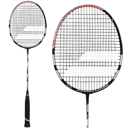 The Babolat X-Feel Power Badminton Racket in grey features a black grip with white strings and red accents on the frame. Crafted for control and precision, it is presented from two angles: a complete view and a close-up of the head.