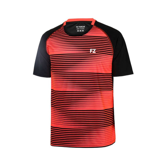 The FZ Forza Dubai Black Orange Badminton T-Shirt from FZ Forza is a short-sleeved athletic shirt made from durable polyester. It features a red and black striped pattern on the front, with solid black sleeves and shoulders. The interlock fabric ensures added comfort, while the "FZ" logo adorns the chest. Additionally, DryForze technology helps keep you cool.