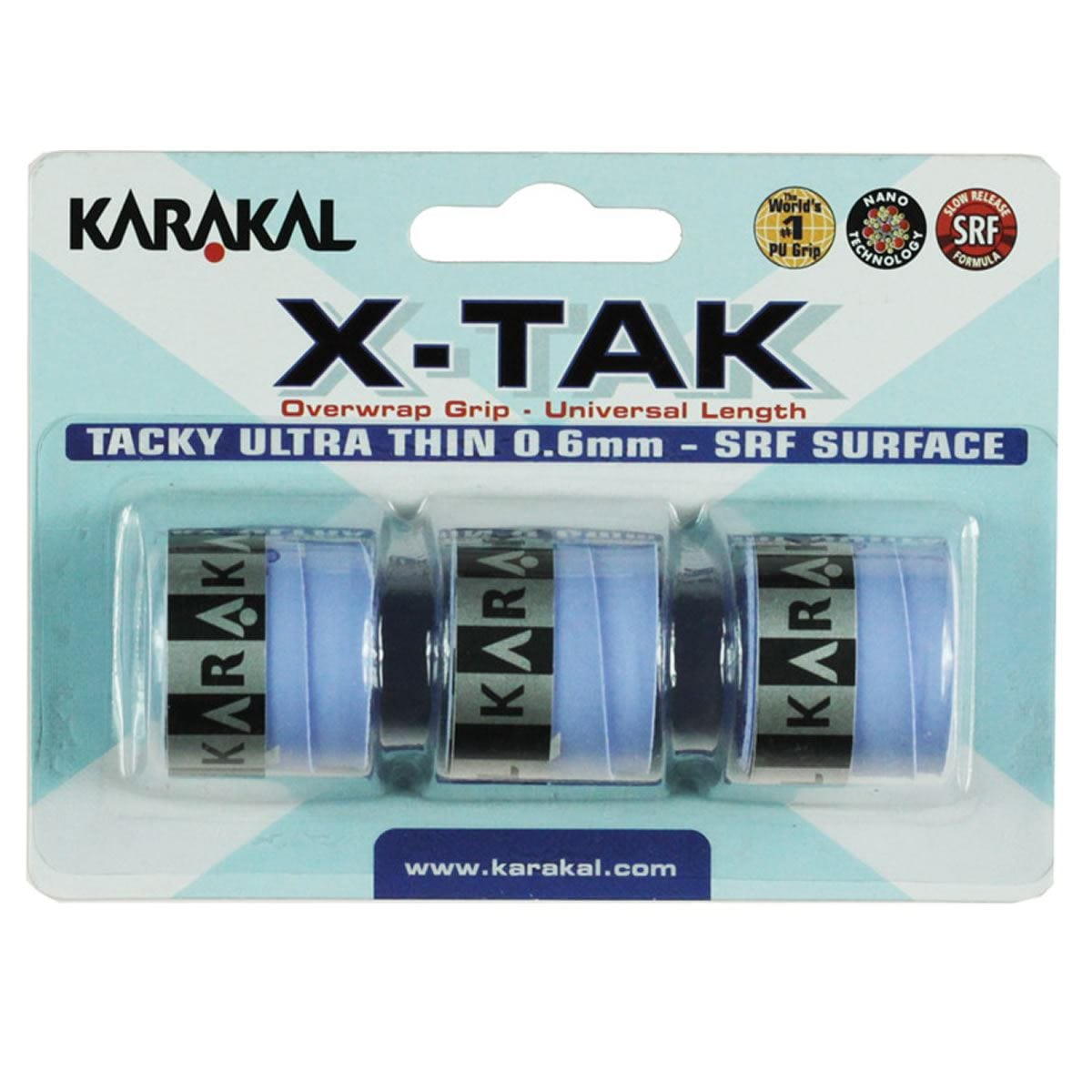 The packaging of the Karakal X-Tak Overwrap Badminton Grip - Blue displays a trio of grips in an eye-catching blue. Featuring "Tacky Ultra Thin 0.6mm - SRF Surface," these grips are designed with micro holes for enhanced non-slip performance, along with branding and website information.