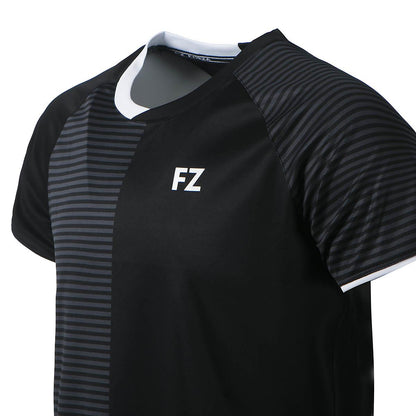 The FZ Forza Sarzan Mens Badminton T-Shirt in black, designed by FZ Forza, features sleek Danish design with a gray "FZ" logo on the chest, striped sleeves, and a contrasting collar, making it ideal for badminton clothing.