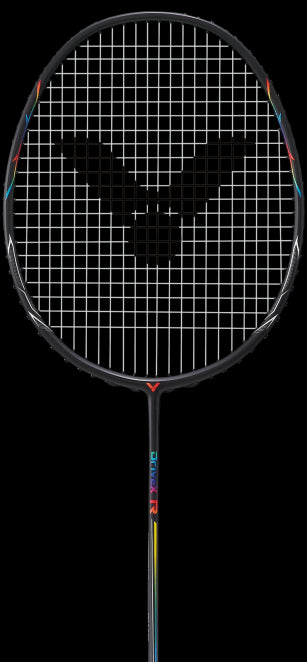 The Victor Drive XR Badminton Racket by Victor is a lightweight, black racket adorned with a vibrant logo and design on the shaft. Its strings are arranged in an exact grid pattern, enhancing its sleek and contemporary look.