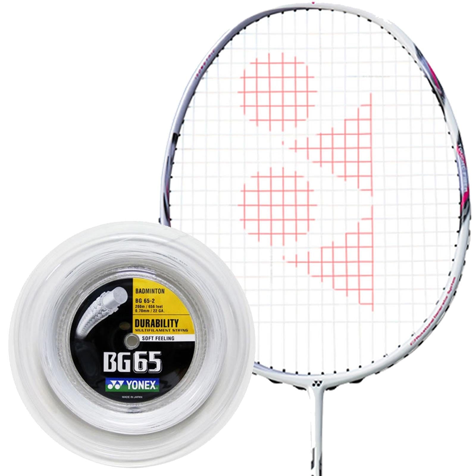 A badminton racket strung with Yonex strings showcases a logo on the netting. In the foreground, you can see a reel of Yonex BG 65 Badminton String in white, known for its long durability and soft feel. The reel features a black and yellow label that highlights its multifilament core.